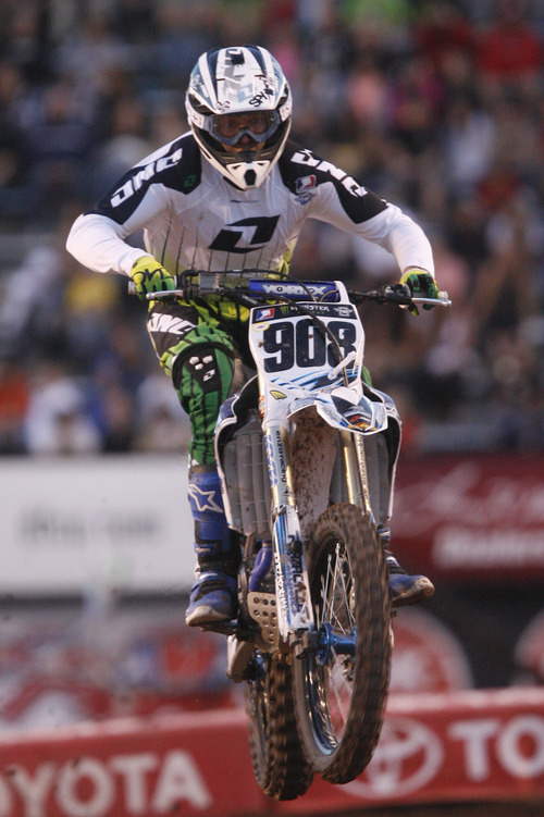 Rick Egan  | The Salt Lake Tribune 

Jeremy O'Driscoll, Draper, UT, competes in the 450SX division, in the Supercross motorcycle racing at Rice-Eccles Stadium,Saturday, April 27, 2013.