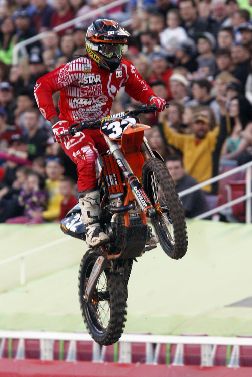 Rick Egan  | The Salt Lake Tribune 

Malcolm Stewart, Murietta, CA, competes in the 250SX division, in the Supercross motorcycle racing at Rice-Eccles Stadium,Saturday, April 27, 2013.