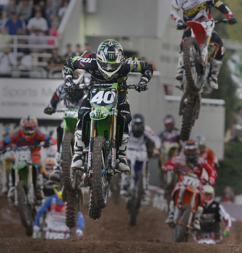Rick Egan  | The Salt Lake Tribune 

Martin Davalos, (40) Cairo, CA, leads the pack, as he competes in the 250SX division, in the Supercross motorcycle racing at Rice-Eccles Stadium,Saturday, April 27, 2013.