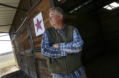 Scott Sommerdorf   |  The Salt Lake Tribune
Paul Nelson poses for a portrait near the barns at Wyoming Downs, Thursday, April 25, 2013. Nelson is working as a contractor on the re-opening of Wyoming Downs race track, owned by his brother Eric Nelson. The track has been dormant for 4-5 years and the Nelson brothers are working to bring it back to life.