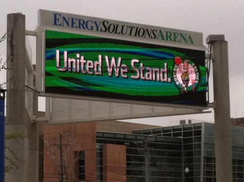 A readerboard outside EnergySolutions Arena, home court for the Utah Jazz, shows a message of solidarity with Boston and its Celtics. (photo by Sean P. Means  |  The Salt Lake Tribune)