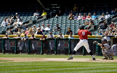 Kim Raff  |  The Salt Lake Tribune
University of Utah first baseman and Skyline High School alumni Trey Nielsen bats against PAC-12 competitor Arizona State during a game at Spring Mobile Ballpark in Salt Lake City on April 28, 2013. The University of Utah baseball team is competitive in the PAC-12 and is using many local players.