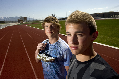 Kim Raff  |  The Salt Lake Tribune
Stansbury High School sprinters Dallin Didericksen, left, and Hudson Conrad and are two of the state's fastest sprinters.