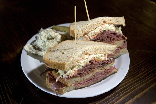Paul Fraughton  |   The Salt Lake Tribune
Feldman's Sloppy Joe is a combination of pastrami and corned beef with three slices of Jewish rye  and thousand island dressing, served with a house-made potato salad.
