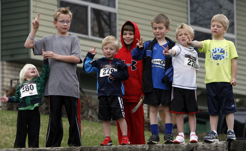Rick Egan  | The Salt Lake Tribune
Tiny runners pose for a photo, at the Tulip Trot fundraiser for Muir Elementary in Bountiful, Saturday, April 13, 2013.  The fundraiser featured a 1-mile run, a 5K run, a Pancake breakfast, and a silent auction.