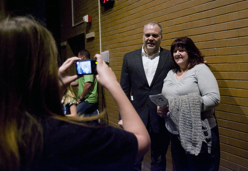 Kim Raff  |  The Salt Lake Tribune
(middle) Actor Vincent Donofrio takes a picture with (right) Denise Hudson after a screening of "Heroes Behind the Badge" at Pleasant Grove High School in Pleasant Grove on April 19, 2013. Donofrio provided the narration for the film.