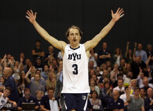 Kim Raff  |  The Salt Lake Tribune
BYU player Ryan Boyce celebrates the team scoring a point against UCLA during the semifinals of the MPSF Volleyball Tournament at the Smith Fieldhouse in Prove on April 25, 2013.  BYU went on to win the match 3-2 after trailing UCLA by two sets.