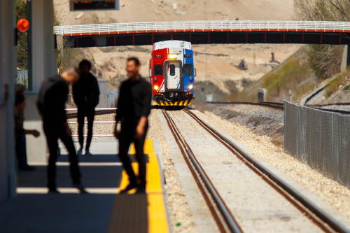 Trent Nelson  |  The Salt Lake Tribune
UTA's FrontRunner commuter train pulls into the Lehi Station Thursday, May 2, 2013 in Lehi.