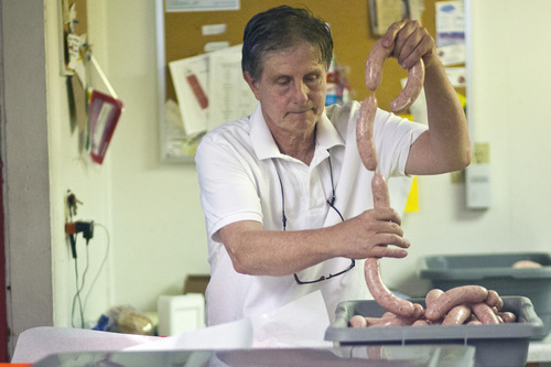 Chris Detrick  |  The Salt Lake Tribune
Danny Colosimo makes sausage at Colosimo's Standard Market in Magna Friday May 3, 2013.