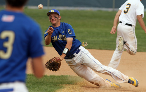 Rick Egan  | The Salt Lake Tribune 

San Juan's Barkley Christensen (2),  makes a throw to first as he tried to complete a double-play, in prep 2A playoff action, Friday, January 13, 2012.