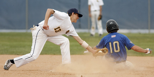 Rick Egan  | The Salt Lake Tribune 

Summit Academy short-stop Stephen Crandall (13) tags San Juan's  Bobby Bowring (10) out at second on a stolen base attempt, in prep 2A playoff action, San Juan vs. Summit Academy, Saturday, May 4, 2013.