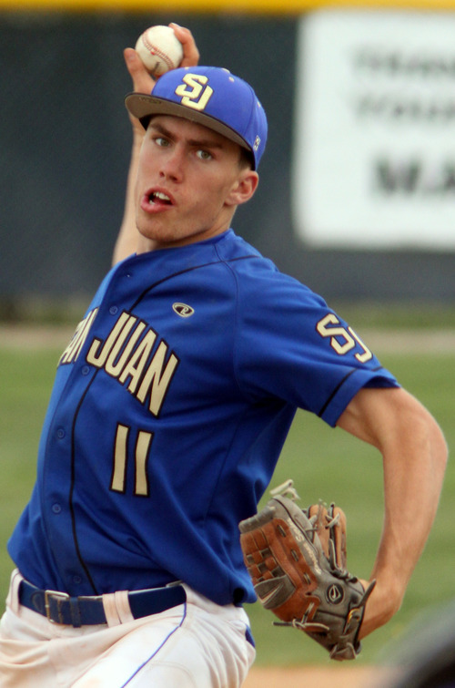 Rick Egan  | The Salt Lake Tribune 

Logan Meyer pitches for San Juan High, in prep 2A playoff action, San Juan vs. Summit Academy, Saturday, May 4, 2013.