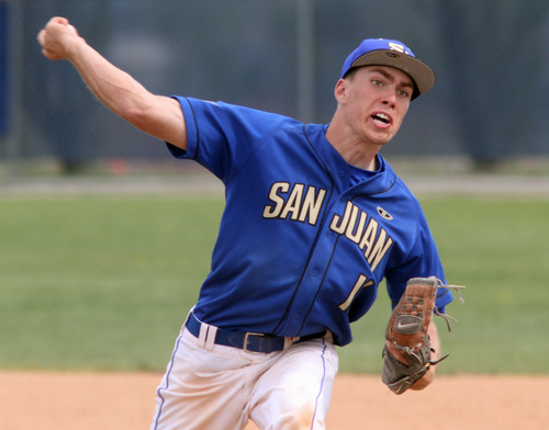 Rick Egan  | The Salt Lake Tribune 

Logan Meyer pitches for San Juan High, in prep 2A playoff action, San Juan vs. Summit Academy, Saturday, May 4, 2013.