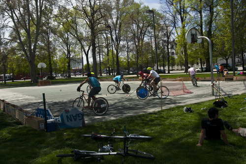 Chris Detrick  |  The Salt Lake Tribune
A group plays bike polo during Salt Lake City's Open Streets Festival at Pioneer Park South Saturday May 4, 2013.