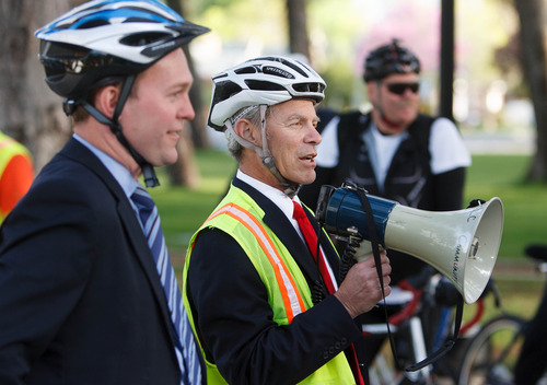 Trent Nelson  |  The Salt Lake Tribune
Salt Lake County Mayor Ben McAdams, left, and Salt Lake City Mayor Ralph Becker led a group of cyclists on the annual Mayors' Bike to Work Day, Tuesday May 7, 2013.