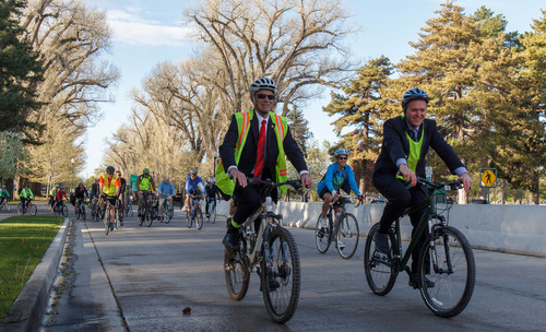 Trent Nelson  |  The Salt Lake Tribune
Salt Lake County Mayor Ben McAdams, right, and Salt Lake City Mayor Ralph Becker led a group of cyclists on the annual Mayors' Bike to Work Day, Tuesday May 7, 2013.