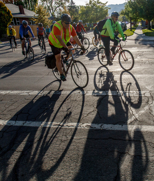 Trent Nelson  |  The Salt Lake Tribune
Cyclists on the annual Mayors' Bike to Work Day, Tuesday May 7, 2013.