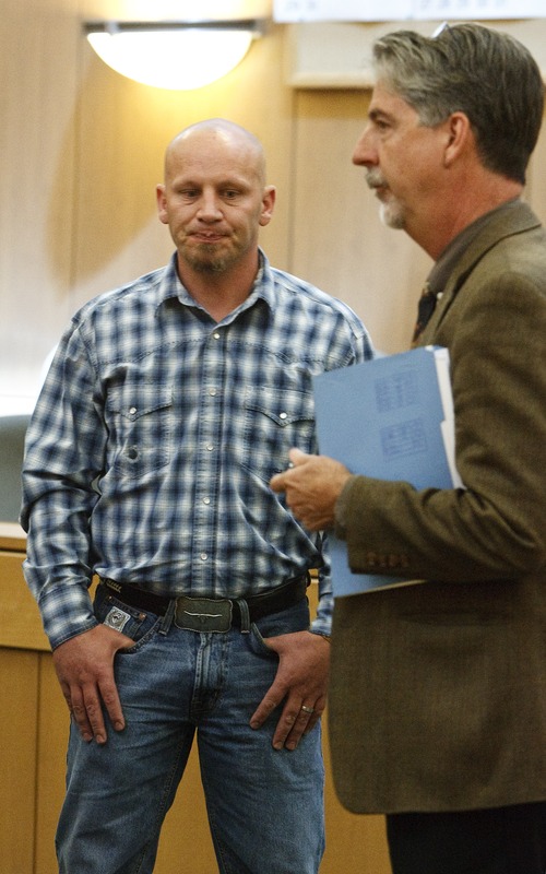 Leah Hogsten  |  The Salt Lake Tribune
Scott Womack, the former Box Elder County sheriff's deputy accused of sexually assaulting women during a series of traffic stops, appeared before Judge Kevin K. Allen in 1st District Court, Wednesday May 8, 2013 with his attorney Bernard Allen. Attorneys delayed Womack's sentencing date to June 12, 2013 to correlate charges in federal court.