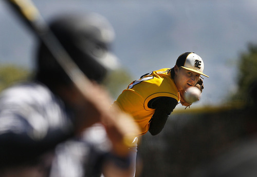 Scott Sommerdorf   |  The Salt Lake Tribune
Emery starting pitcher Dillon Wilstead pitches in the first inning against Millard in a 2A baseball playoff game played at Kearns High, Thursday, May 9, 2013. Emery won the game 4-3 and will advance to the 2A semi-finals tomorrow.