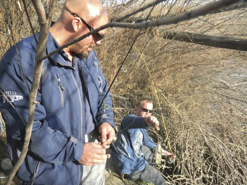 Tom Wharton  |  The Salt Lake Tribune
Eddie Tostado, left, and Todd Cleaveland are avid Jordan River carp anglers.
