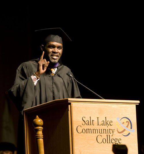 Kim Raff  |  The Salt Lake Tribune
Derreck Kayongo, founder of Global Soap Project, gives the keynote address during the Salt Lake Community College Commencement Program at the Maverik Center in West Valley City on Thursday.
