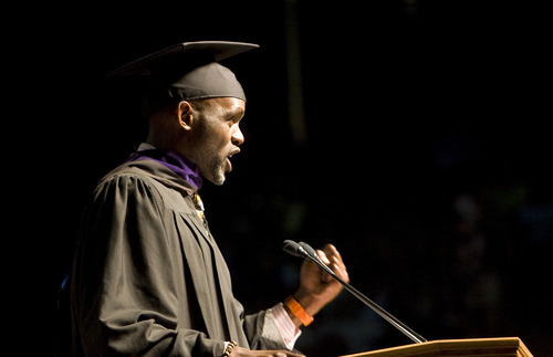 Kim Raff  |  The Salt Lake Tribune
Derreck Kayongo, founder of Global Soap Project, gives the keynote address during the Salt Lake Community College Commencement Program at the Maverik Center in West Valley City on May 9, 2013.