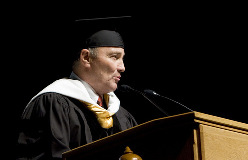 Kim Raff  |  The Salt Lake Tribune
Utah Gov. Gary H. Herbert speaks after being presented with an honorary doctorate degree during the Salt Lake Community College Commencement Program at the Maverik Center in West Valley City on May 9, 2013.