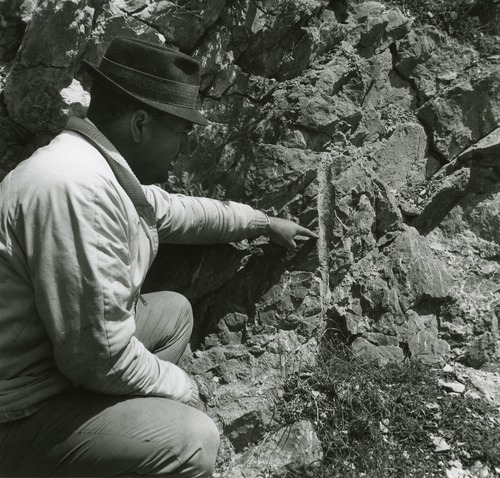 Tribune file photo

In this photo from May 3, 1964, J. Dale Madsen, of Brigham City, examines drill holes made by hands of railroad workers in 1869.