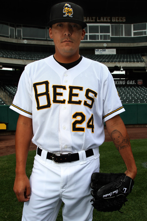 Rick Egan  | The Salt Lake Tribune 

Chad Cordero, a Bees relief pitcher, was once a National League All-Star. He's attempting a comeback with the Los Angeles Angels via the Bees. He lost an infant daughter to SIDS. He has a tattoo of the baby girl on his left arm. Monday, May 6, 2013.