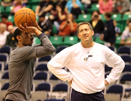 Rick Egan  | The Salt Lake Tribune 
Jeff Hornacek, here with former Jazz point guard Devin Harris (5), has become a hot head coaching candidate in the NBA.