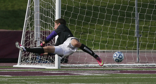 Scott Sommerdorf   |  The Salt Lake Tribune
Park City goalkeeper lets through his only tally of the game - a goal by Desert Hills' Justin Brinkerhoff. Park City defeated Desert Hills 2-1 in the 3A boys' soccer state semifinal, Friday, May 10, 2013. They advance to tomorrow's 3A final.