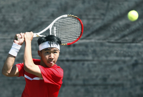 Chris Detrick  |  The Salt Lake Tribune
Manti's Joshua Yang competes against Rowland Hall's Bryce Baker during the 2A tennis tournament at Liberty Park Saturday May 11, 2013.