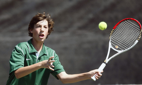 Chris Detrick  |  The Salt Lake Tribune
Rowland Hall's Bryce Baker competes against Manti's Joshua Yang during the 2A tennis tournament at Liberty Park Saturday May 11, 2013.