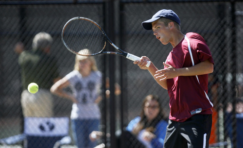 Francisco Kjolseth  |  The Salt Lake Tribune
Nic LeBaron of Viewmont competes in the first round of 3rd Singles during the 5A state tennis tournament at Liberty Park on Friday, May 10, 2013. .