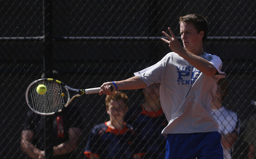 Francisco Kjolseth  |  The Salt Lake Tribune
Jake Harris of Pleasant Grove returns a serve in 2nd Singles during the 5A Tennis Championships at Liberty Park on Friday, May 10, 2013.