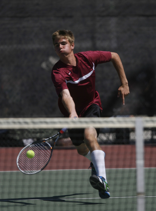 Francisco Kjolseth  |  The Salt Lake Tribune
Sam Tullis of Viewmont returns one close to the net in the second round of 1st Singles during the 5A state tennis tournament at Liberty Park on Friday, May 10, 2013.