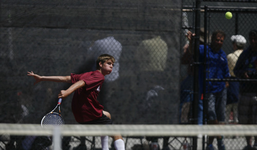 Francisco Kjolseth  |  The Salt Lake Tribune
Sam Tullis of Viewmont steps back following a back hand in the second round of 1st Singles during the 5A state tennis tournament at Liberty Park on Friday, May 10, 2013.