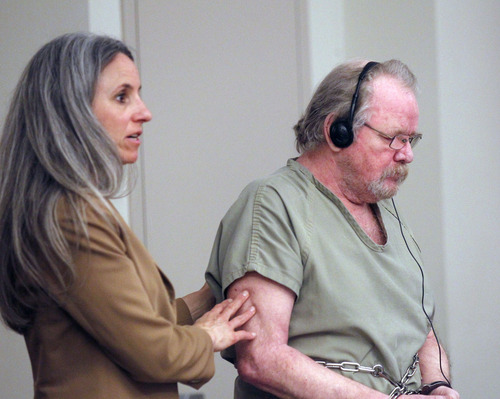 Al Hartmann  |  The Salt Lake Tribune
Defense attorney McCaye Christensen stands with client Dennis Lambdin in a sentencing hearing Monday May 13. Lambdin was convicted of first-degree felony murder in the 2009 slaying of his wife, Touch Lambdin, at their Cottonwood Heights home.