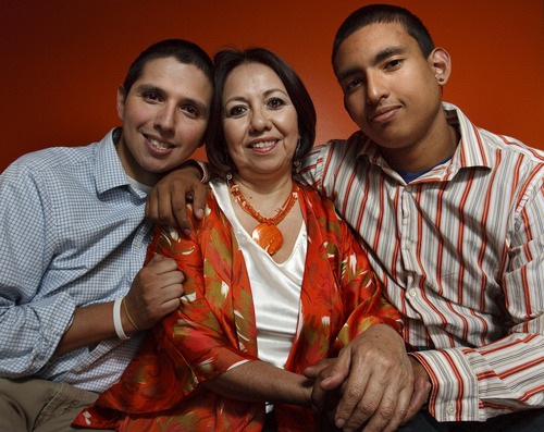 Leah Hogsten  |  The Salt Lake Tribune
Rocio Mejia  and her two sons, Renee Lepe (left) and Jose Mejia (right), Monday, May 7, 2013. Rocio Mejia learned as a teenage single mother, how life can get off track at an early age. One key lesson she learned is the importance of an open, constant communication with your children -- something she did not have with her parents.
