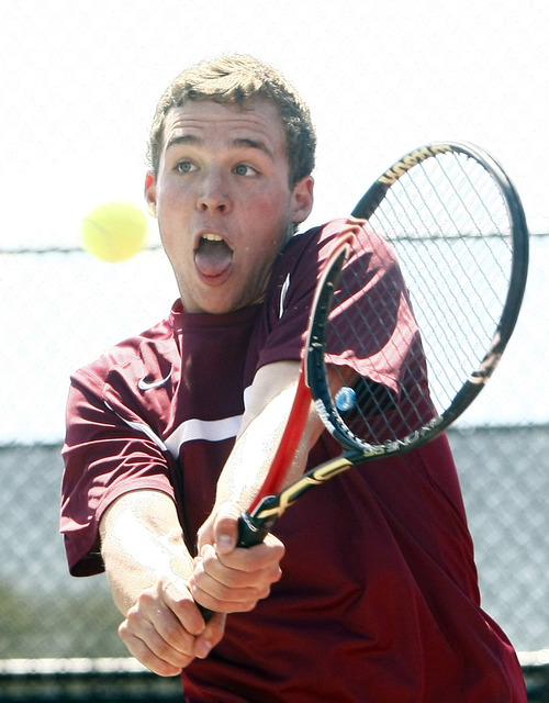 Chris Detrick  |  The Salt Lake Tribune
Viewmont's Isaac Ford competes during the 5A doubles tennis tournament at Liberty Park Saturday May 11, 2013.