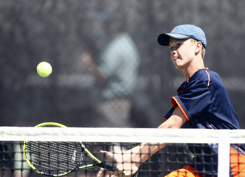 Chris Detrick  |  The Salt Lake Tribune
Brighton's Mitchell Mansell competes during the 5A doubles tennis tournament at Liberty Park Saturday May 11, 2013.