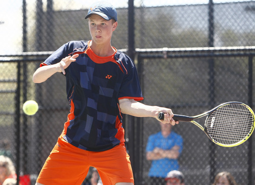 Chris Detrick  |  The Salt Lake Tribune
Brighton's Mitchell Mansell competes during the 5A doubles tennis tournament at Liberty Park Saturday May 11, 2013.
