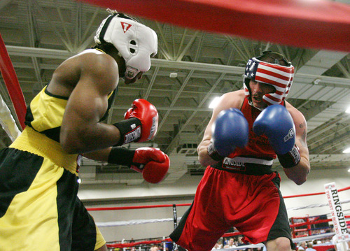 Steve Griffin | The Salt Lake Tribune


Utah's Larry Gomez, right, battles Deandre Harris, of Iowa, during their 152 pound bout during the Golden Gloves boxing tournament at the Salt Palace Convention Center in Salt Lake City, Utah Tuesday May 14, 2013. Gomez defeated Harris.