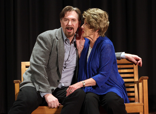 Rick Egan  | The Salt Lake Tribune 

Jim Dale (Dimitri) and Anne Cullimore Decker (Emma)  in "The Righteous and Very Real Housewives of Utah County," at the Post Theater at Fort Douglas