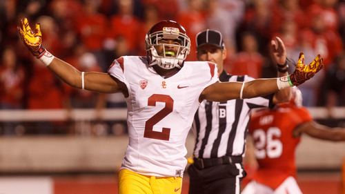 Trent Nelson  |  The Salt Lake Tribune
USC's Robert Woods celebrates a firs- half touchdown against Utah during a game Oct. 4, 2012 at Rice-Eccles Stadium in Salt Lake City.