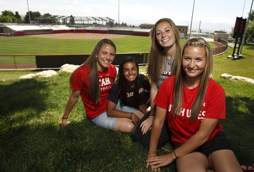 Leah Hogsten  |  The Salt Lake Tribune
l-r  University of Utah softball team players Chalese Fankhauser, Trina Gomez, Taylor Austin and Marissa Mendenhall Tuesday, May 14, 2013, will be playing on their newly constructed softball field next season.