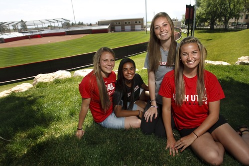 Leah Hogsten  |  The Salt Lake Tribune
l-r  University of Utah softball team players Chalese Fankhauser, Trina Gomez, Taylor Austin and Marissa Mendenhall Tuesday, May 14, 2013, will be playing on their newly constructed softball field next season.