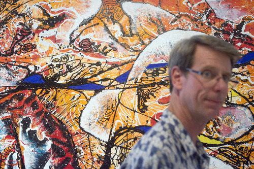 Kim Raff  |  The Salt Lake Tribune
Carl Armknecht looks around the gallery after looking at the (back) "Heat Seeker" piece during the "Peter Hayes Art for Life Exhibit" for former Rowland Hall biology teacher and artist Peter Hayes, who was diagnosed with a terminal lung condition, at the 15th Street Gallery in Salt Lake City on May 3, 2013.
