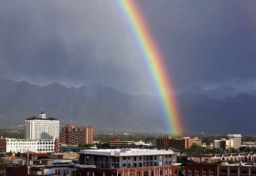 Lennie Mahler  |  The Salt Lake Tribune
A rainbow touches down over Salt Lake City Wednesday, May 15, 2013.