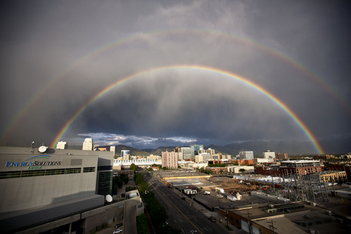 Lennie Mahler  |  The Salt Lake Tribune
A rainbow touches down over the Salt Lake City skyline Wednesday, May 15, 2013.